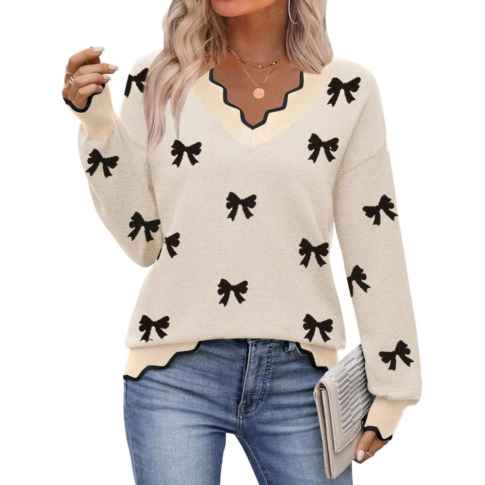 imageZeagoo Womens 2026 Fall V Neck Sweater Casual Long Sleeve Lightweight Ribbed Knit Pullover Sweaters Dressy Casual TopsZ Bow Black