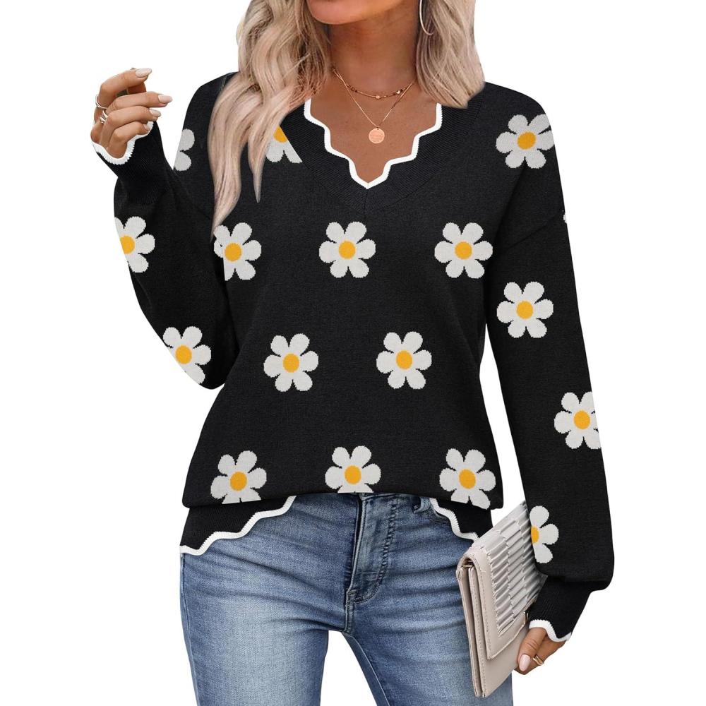 imageZeagoo Womens 2026 Fall V Neck Sweater Casual Long Sleeve Lightweight Ribbed Knit Pullover Sweaters Dressy Casual TopsZ Flower Black