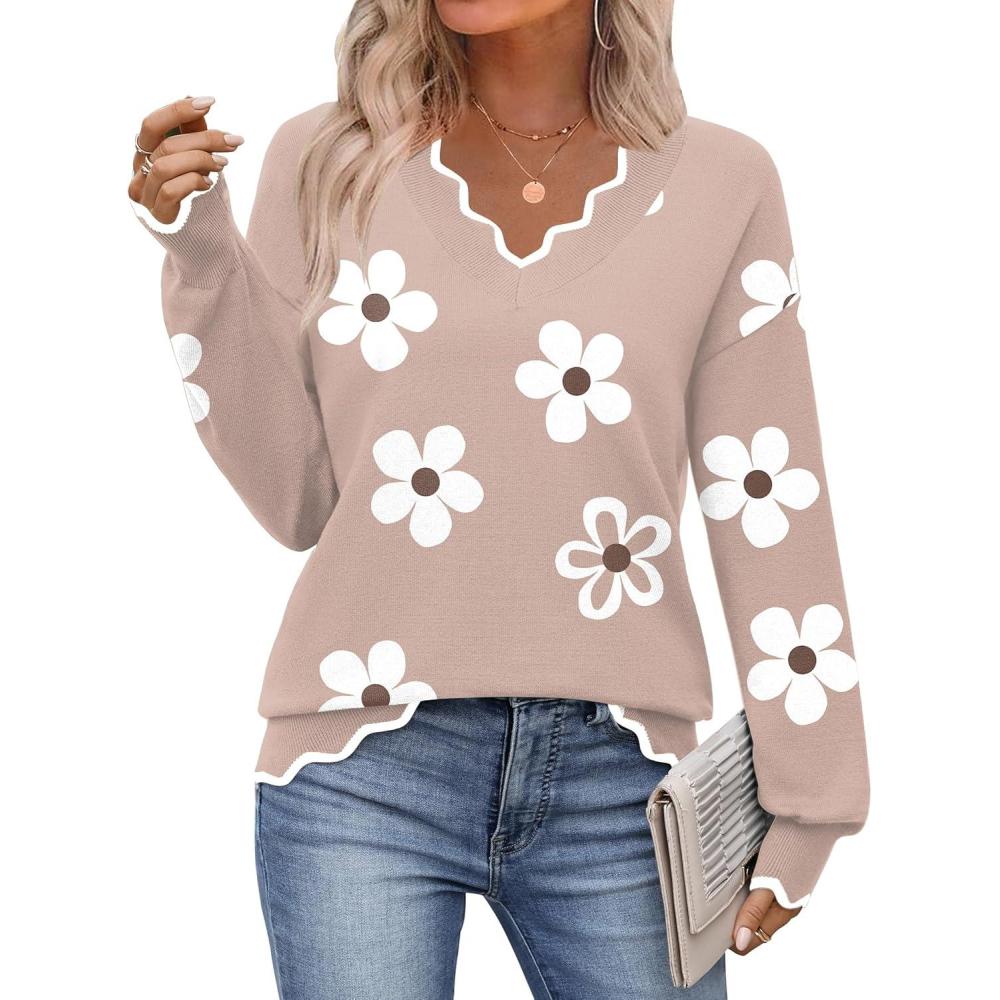 imageZeagoo Womens 2026 Fall V Neck Sweater Casual Long Sleeve Lightweight Ribbed Knit Pullover Sweaters Dressy Casual TopsZ Flower Khaki