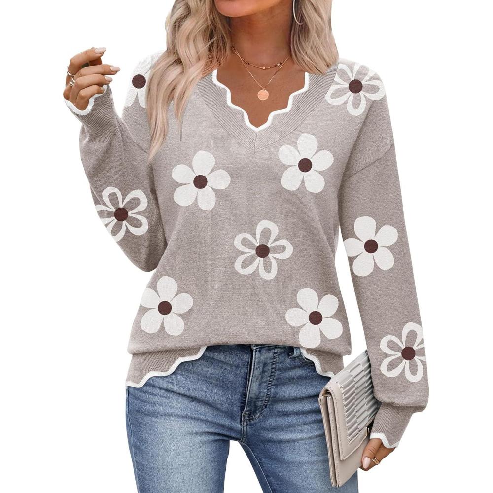 imageZeagoo Womens 2026 Fall V Neck Sweater Casual Long Sleeve Lightweight Ribbed Knit Pullover Sweaters Dressy Casual TopsZ Flower White