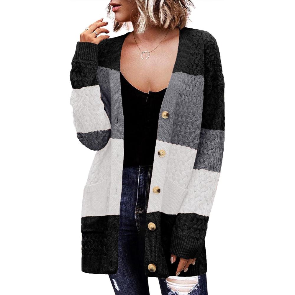 imageZeagoo Womens 2026 Long Sleeve Chunky Cable Knit Fall Cardigans Sweaters Button Down Open Front Outerwear with PocketsColorblock 960