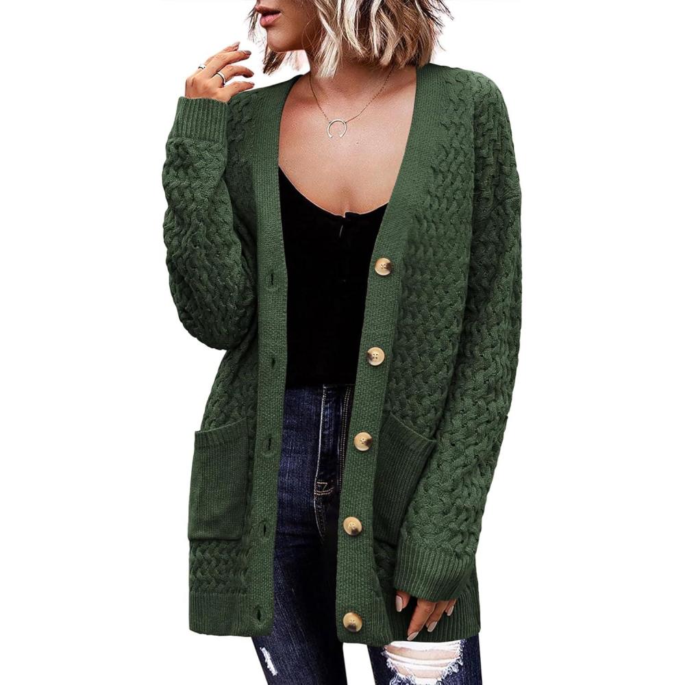 imageZeagoo Womens 2026 Long Sleeve Chunky Cable Knit Fall Cardigans Sweaters Button Down Open Front Outerwear with PocketsGreen