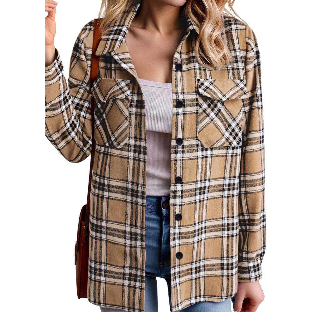 imageZeagoo Womens Button Down Flannel Shirts Long Sleeve Plaid Blouses Lightweight Business Dressy Casual Top with PocketsKhaki