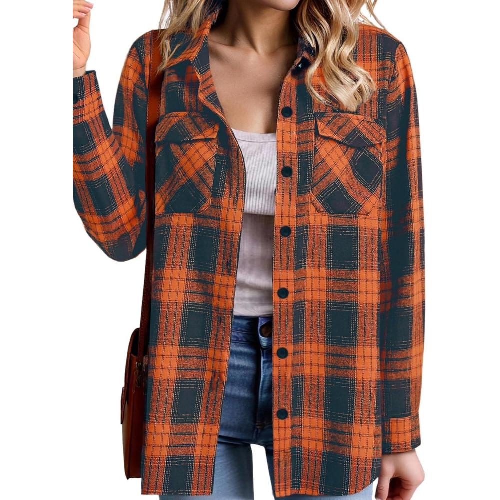 imageZeagoo Womens Button Down Flannel Shirts Long Sleeve Plaid Blouses Lightweight Business Dressy Casual Top with PocketsOrange and Navy Blue