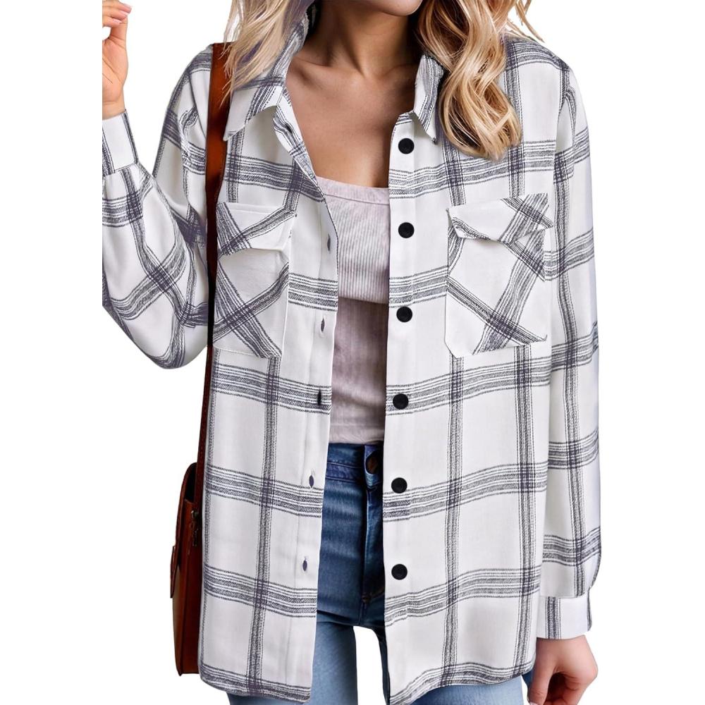 imageZeagoo Womens Button Down Flannel Shirts Long Sleeve Plaid Blouses Lightweight Business Dressy Casual Top with PocketsWhite