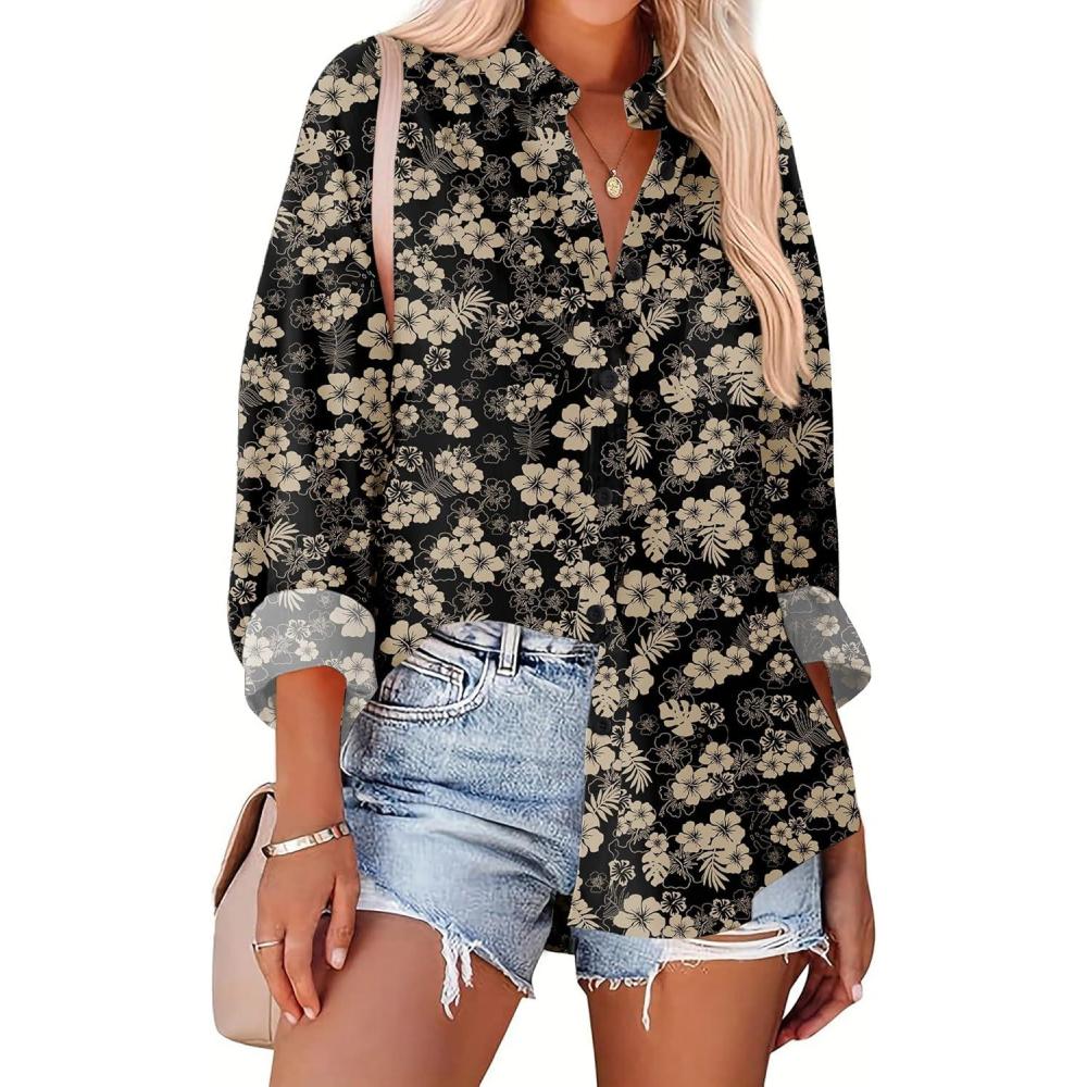 imageZeagoo Womens Button Down Shirts Oversized Long Sleeve Floral Printed Blouses Casual Work Tops Drop Shoulder Outfit ClothesSf209