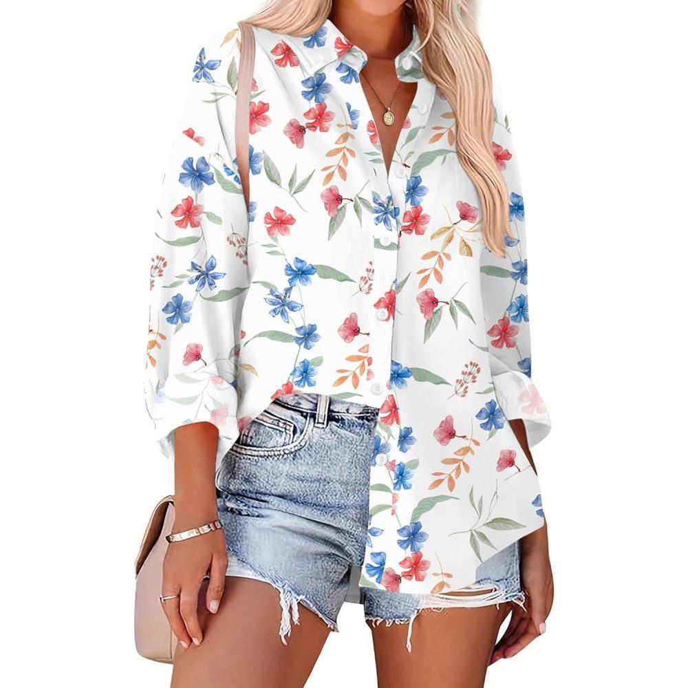 imageZeagoo Womens Button Down Shirts Oversized Long Sleeve Floral Printed Blouses Casual Work Tops Drop Shoulder Outfit ClothesWf101