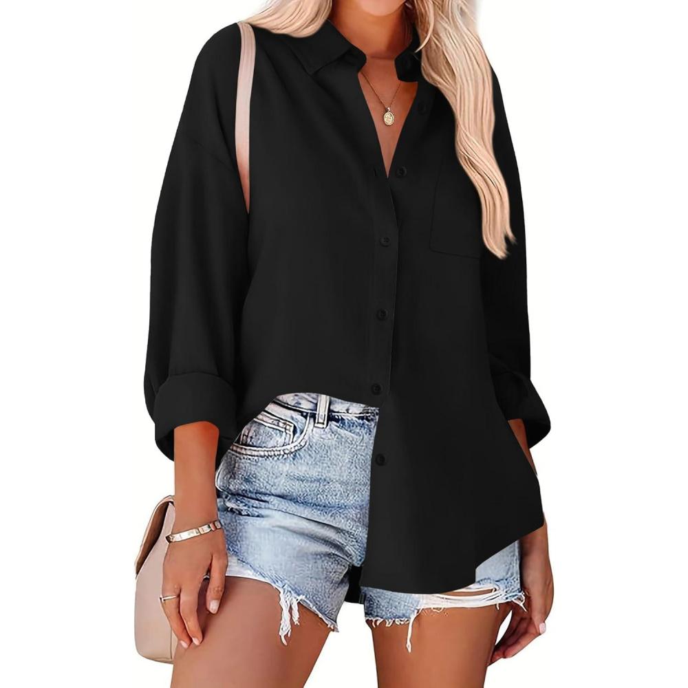 imageZeagoo Womens Button Down Shirts Oversized Long Sleeve Floral Printed Blouses Casual Work Tops Drop Shoulder Outfit ClothesZblack