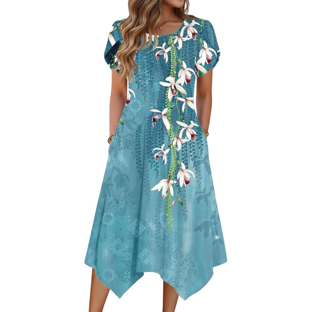 imageZeagoo Womens Casual Dress for Summer Short Sleeve Loose Flowy Beach Dress with Pockets Hankerchief Flare Midi Sundress 202604 Blue