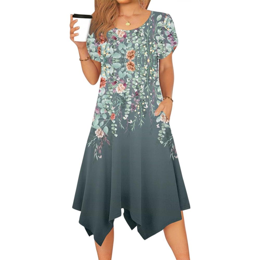 imageZeagoo Womens Casual Dress for Summer Short Sleeve Loose Flowy Beach Dress with Pockets Hankerchief Flare Midi Sundress 2026Grey Floral