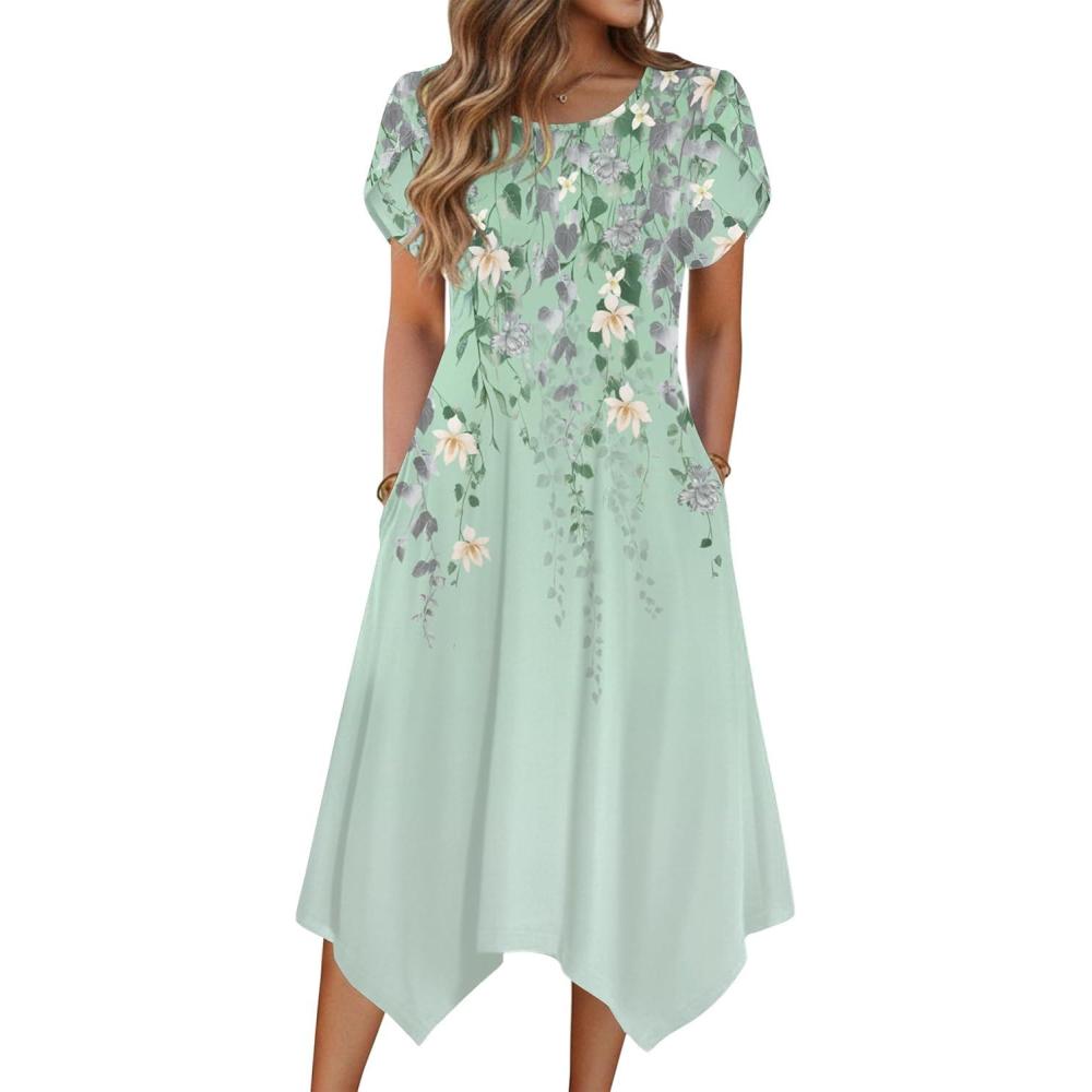 imageZeagoo Womens Casual Dress for Summer Short Sleeve Loose Flowy Beach Dress with Pockets Hankerchief Flare Midi Sundress 2026Light Green