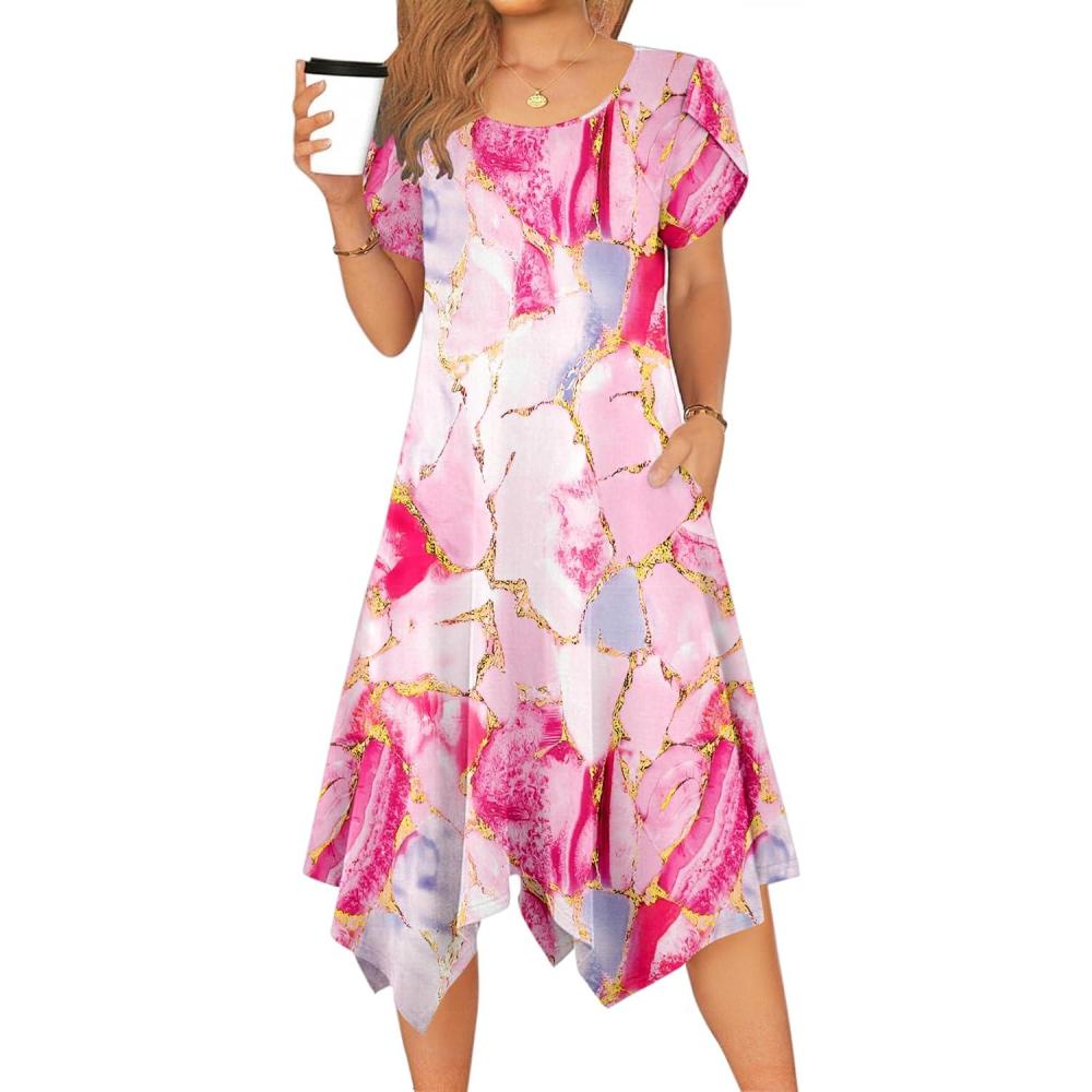 imageZeagoo Womens Casual Dress for Summer Short Sleeve Loose Flowy Beach Dress with Pockets Hankerchief Flare Midi Sundress 2026Pink