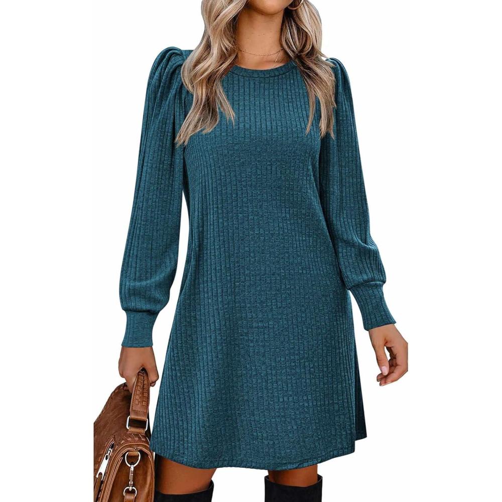 imageZeagoo Womens Knit Dress with Puff Sleeves for Fall amp Winter Round Neck Casual Tunic DressBlue Green