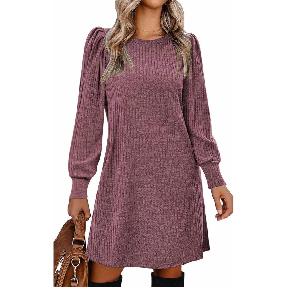 imageZeagoo Womens Knit Dress with Puff Sleeves for Fall amp Winter Round Neck Casual Tunic DressMauve