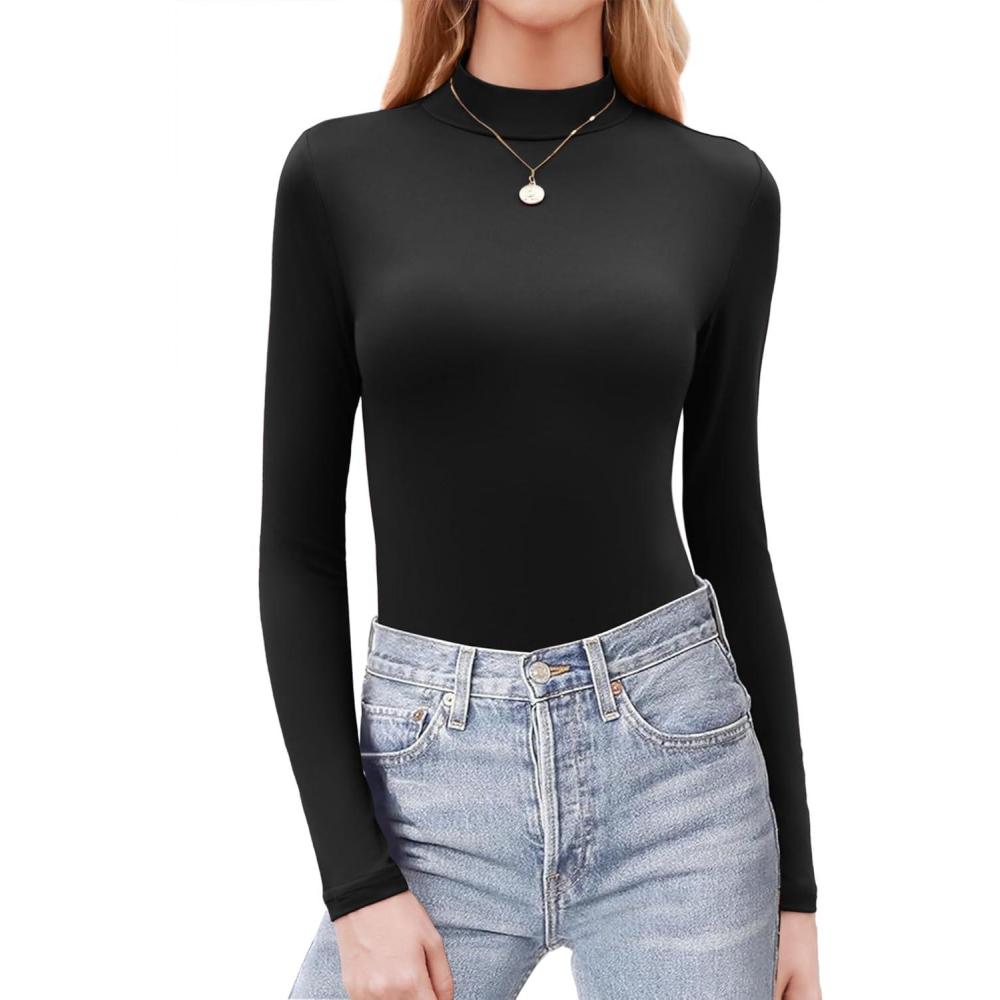 imageZeagoo Womens Long Sleeve Shirts Mock Neck Basic Slim Fitted Tops Lightweight Stretch Base Layer TShirtBlack
