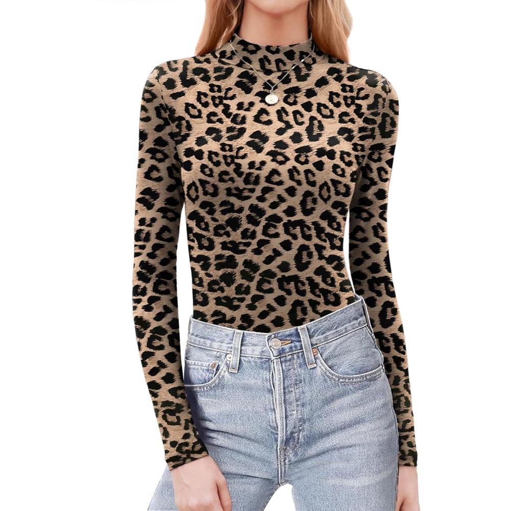 imageZeagoo Womens Long Sleeve Shirts Mock Neck Basic Slim Fitted Tops Lightweight Stretch Base Layer TShirtLeopard