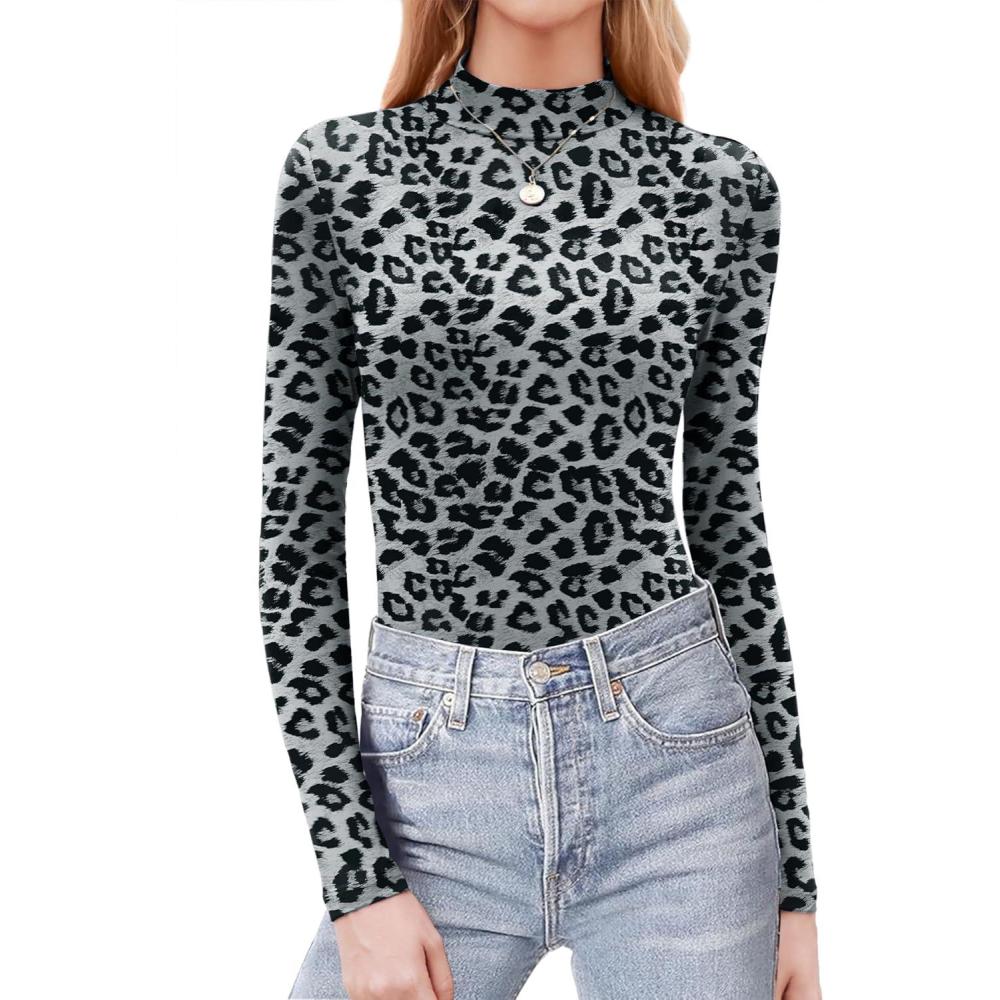 imageZeagoo Womens Long Sleeve Shirts Mock Neck Basic Slim Fitted Tops Lightweight Stretch Base Layer TShirtLeopard Grey