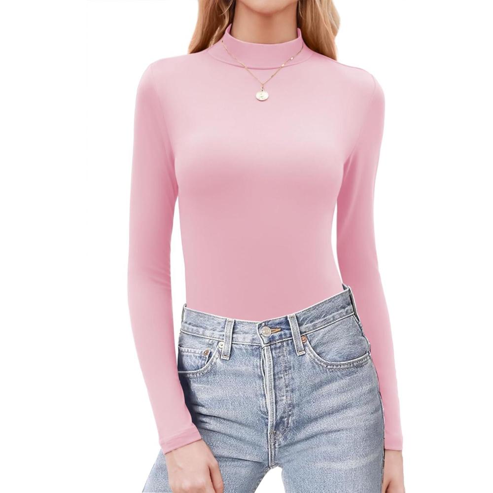 imageZeagoo Womens Long Sleeve Shirts Mock Neck Basic Slim Fitted Tops Lightweight Stretch Base Layer TShirtPink