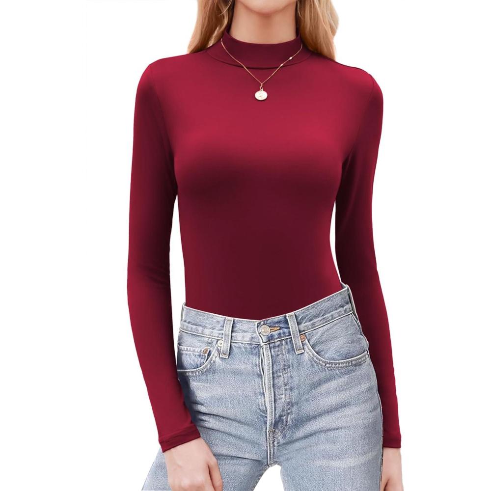 imageZeagoo Womens Long Sleeve Shirts Mock Neck Basic Slim Fitted Tops Lightweight Stretch Base Layer TShirtRed