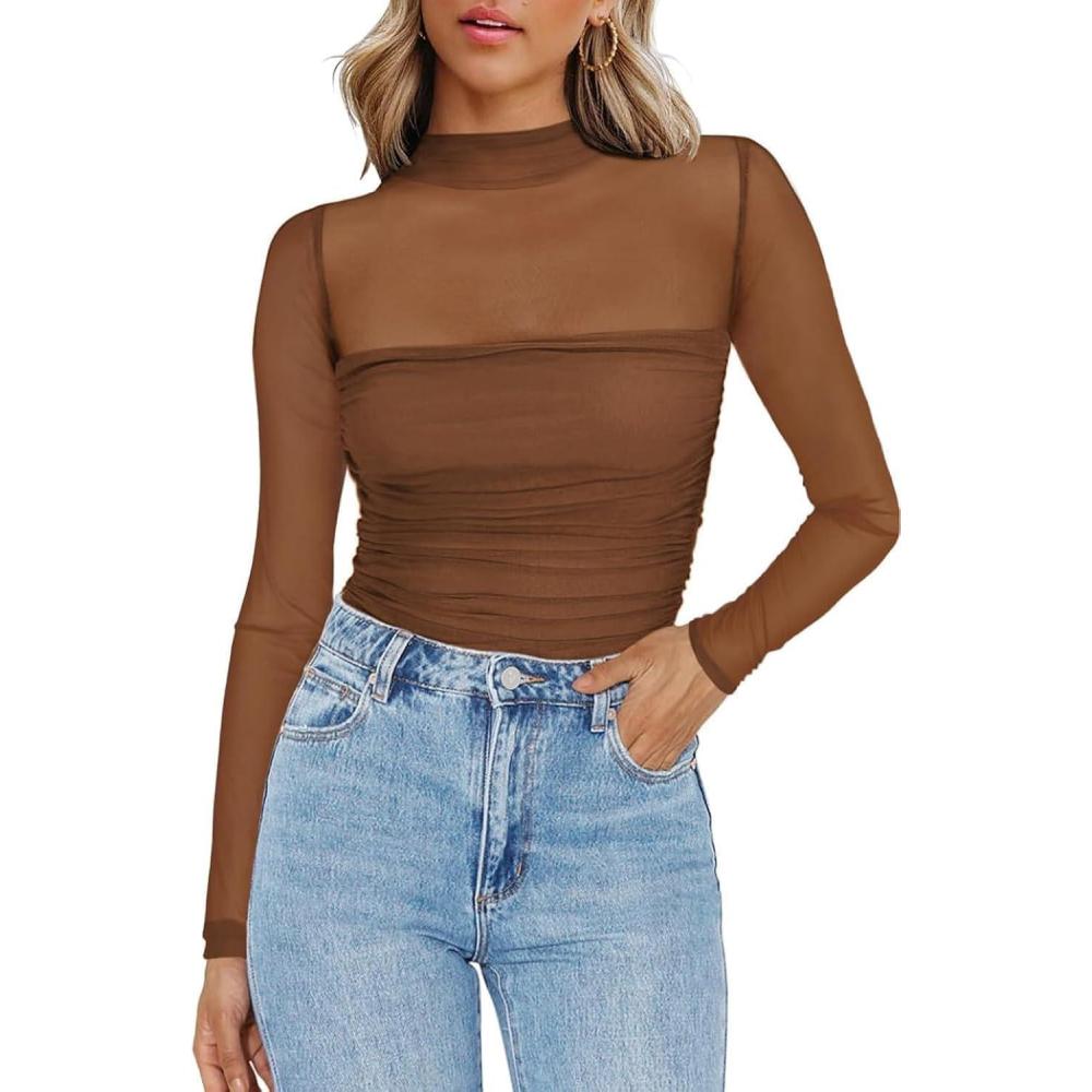 imageZeagoo Womens Mesh Sheer Long Sleeve Top Mock Turtle Neck See Though Shirts Ruched Sexy Casual Going Out BlousesBrown