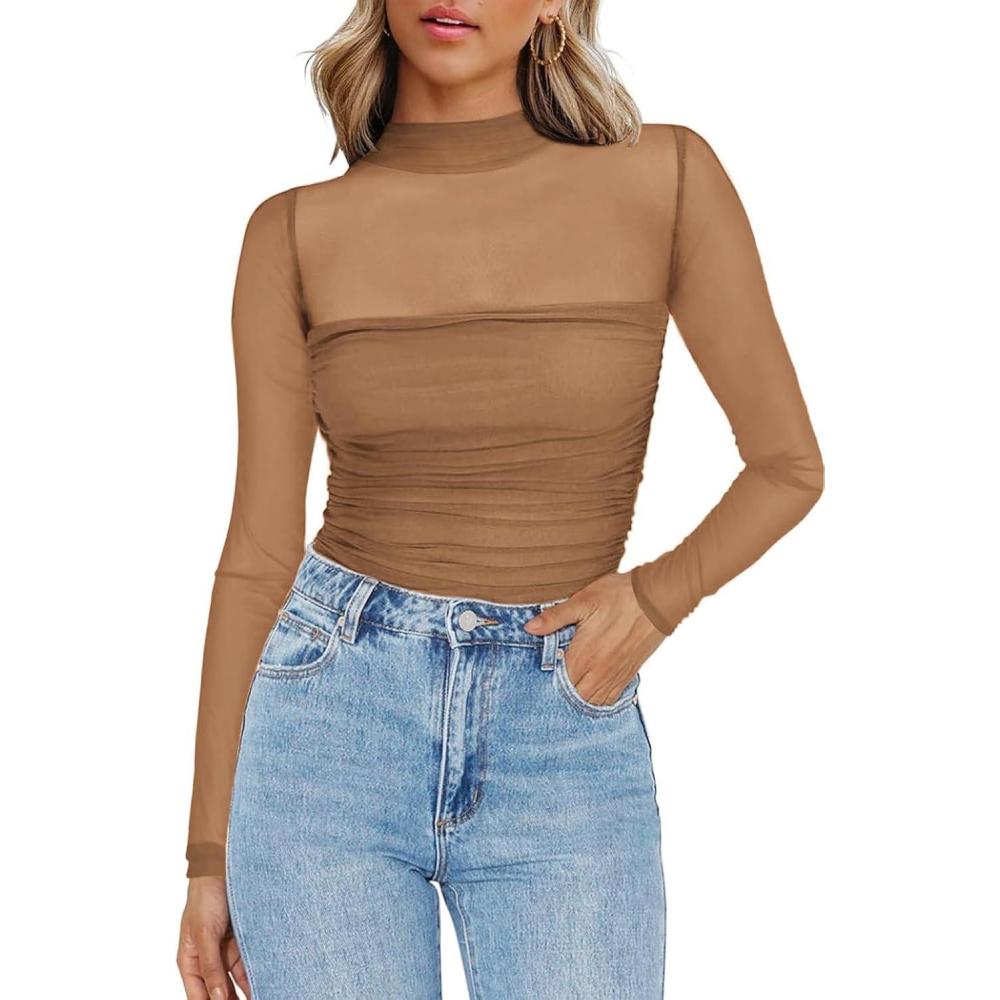 imageZeagoo Womens Mesh Sheer Long Sleeve Top Mock Turtle Neck See Though Shirts Ruched Sexy Casual Going Out BlousesLight Tan