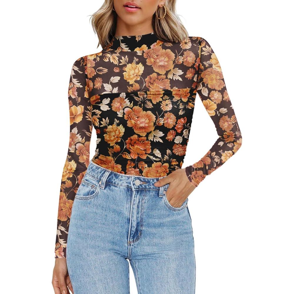 imageZeagoo Womens Mesh Sheer Long Sleeve Top Mock Turtle Neck See Though Shirts Ruched Sexy Casual Going Out BlousesOrange Floral