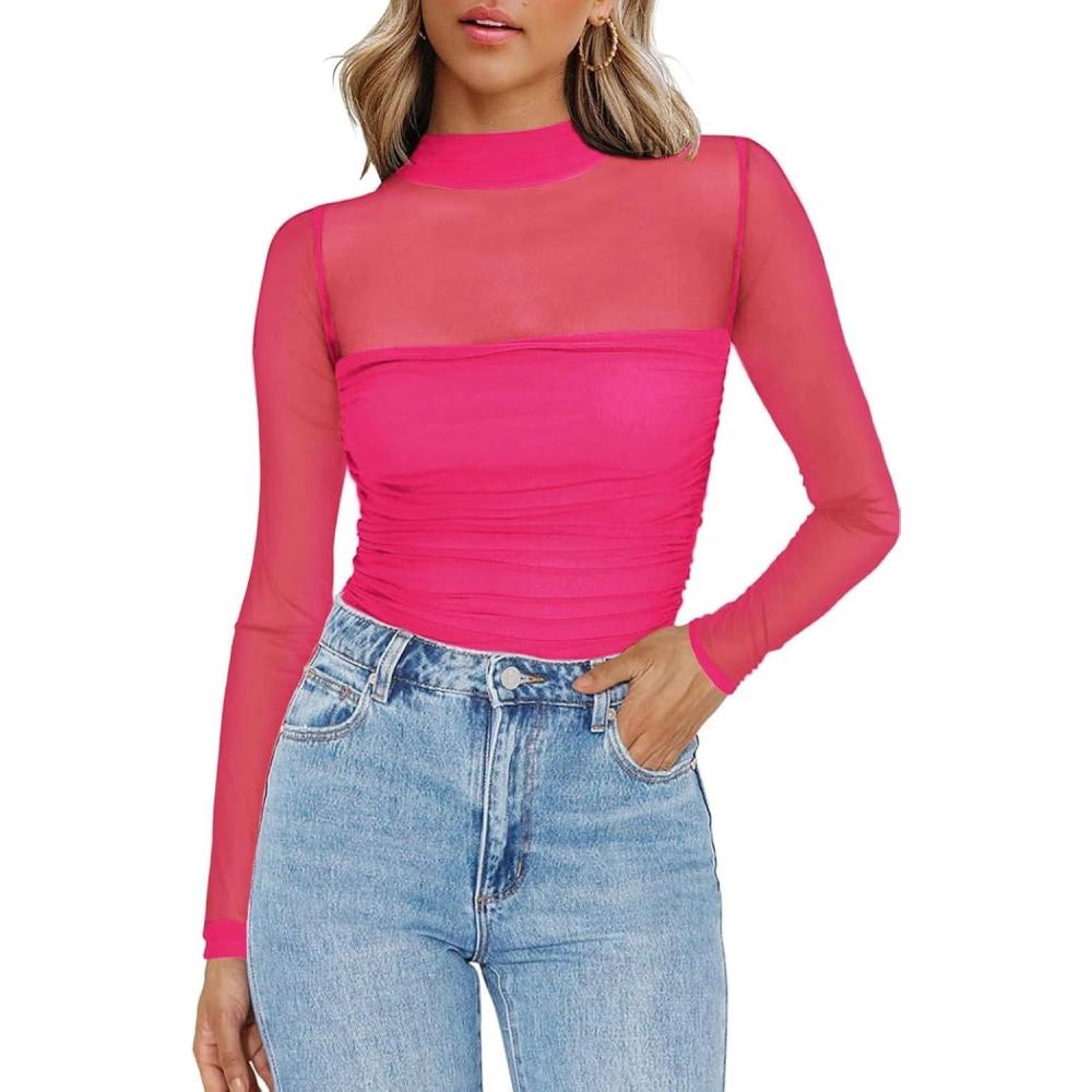 imageZeagoo Womens Mesh Sheer Long Sleeve Top Mock Turtle Neck See Though Shirts Ruched Sexy Casual Going Out BlousesRose Red