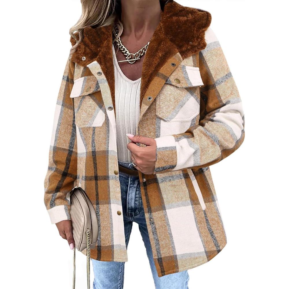 imageZeagoo Womens Plaid Shacket Jacket Long Sleeve Fleece Hooded Jackets Fall Winter Warm Coat S2XLBrown