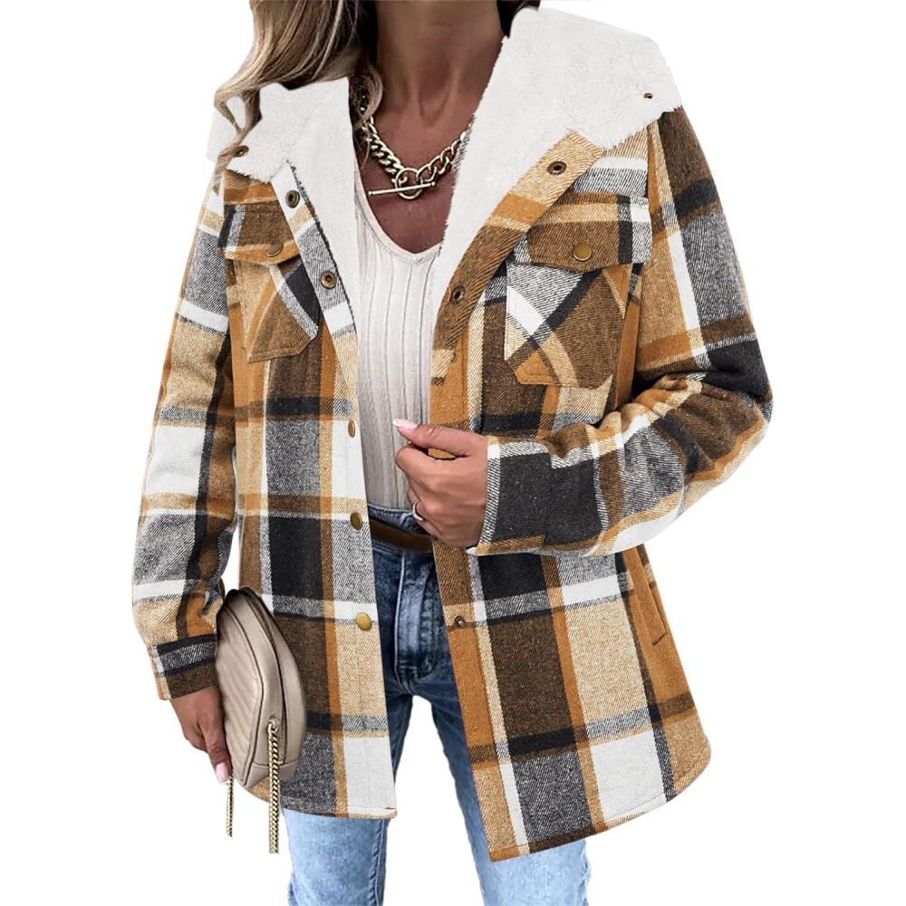 imageZeagoo Womens Plaid Shacket Jacket Long Sleeve Fleece Hooded Jackets Fall Winter Warm Coat S2XLBrown Plaid