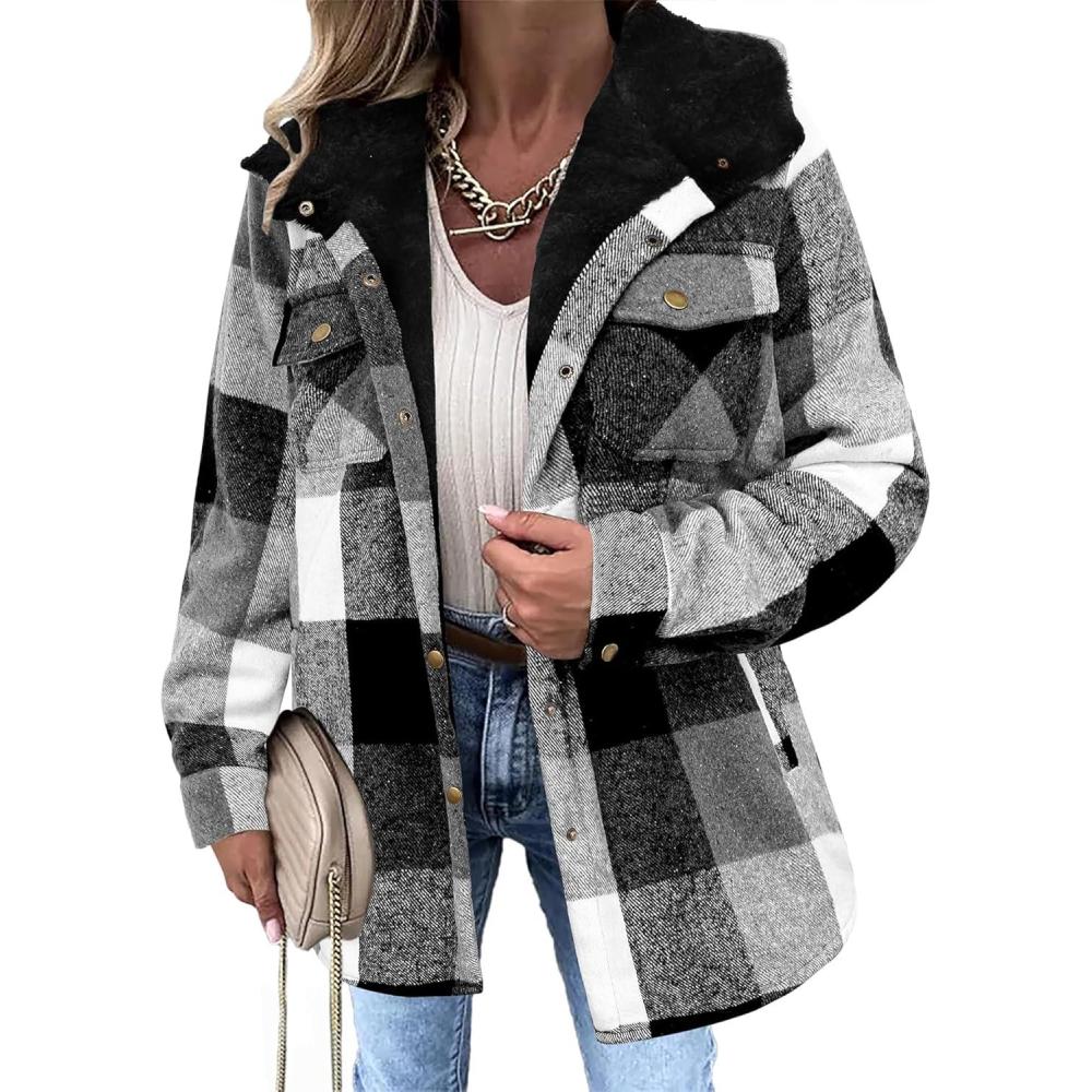 imageZeagoo Womens Plaid Shacket Jacket Long Sleeve Fleece Hooded Jackets Fall Winter Warm Coat S2XLGrey Black