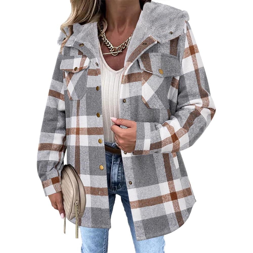 imageZeagoo Womens Plaid Shacket Jacket Long Sleeve Fleece Hooded Jackets Fall Winter Warm Coat S2XLGrey Plaid