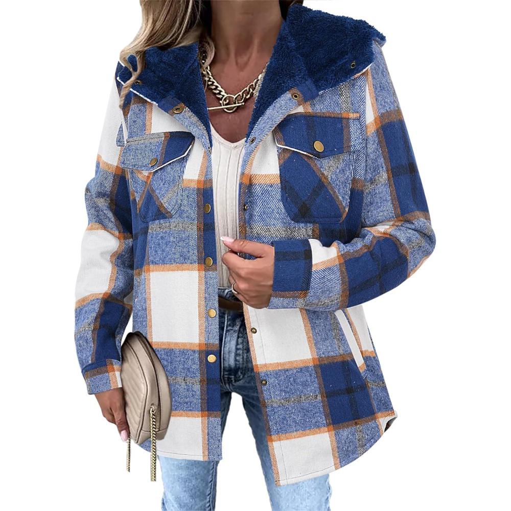 imageZeagoo Womens Plaid Shacket Jacket Long Sleeve Fleece Hooded Jackets Fall Winter Warm Coat S2XLNavy Blue Plaid