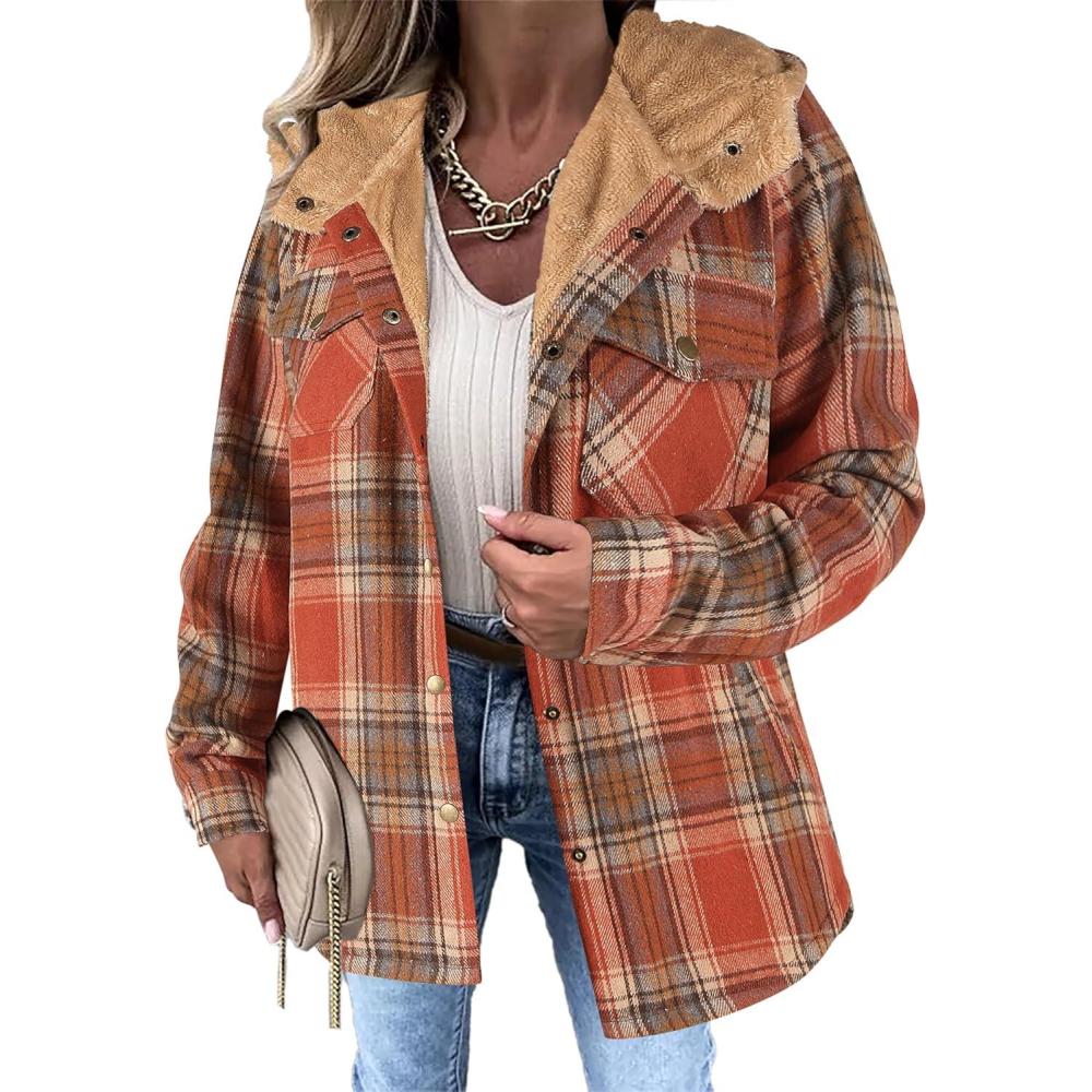 imageZeagoo Womens Plaid Shacket Jacket Long Sleeve Fleece Hooded Jackets Fall Winter Warm Coat S2XLOrange