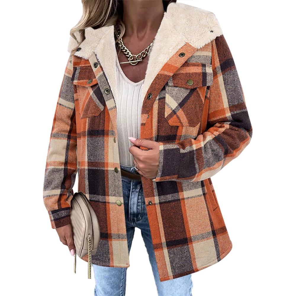 imageZeagoo Womens Plaid Shacket Jacket Long Sleeve Fleece Hooded Jackets Fall Winter Warm Coat S2XLOrange Plaid