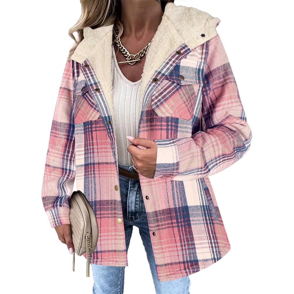 imageZeagoo Womens Plaid Shacket Jacket Long Sleeve Fleece Hooded Jackets Fall Winter Warm Coat S2XLPink