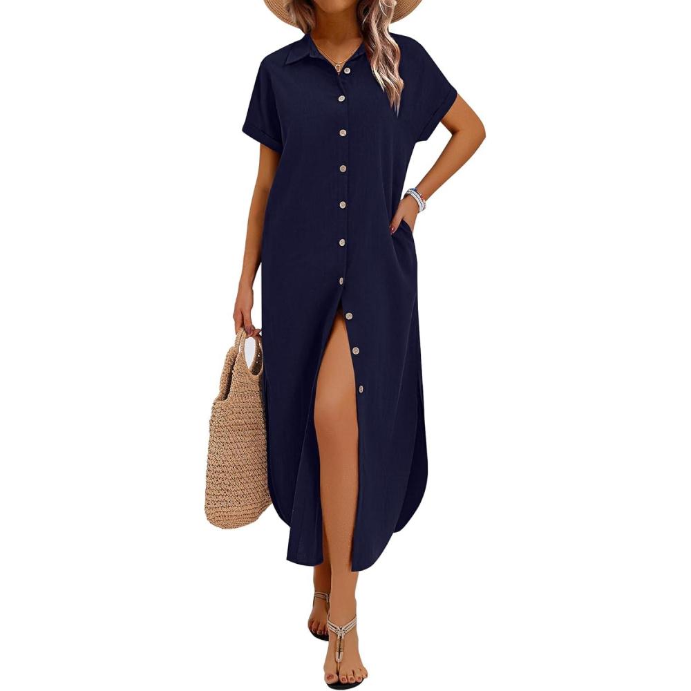 imageZeagoo Womens Summer Casual Short Sleeve Button Down Long Shirt Dresses Loose Swimsuit Beach Cover Ups with Pockets01navy Blue