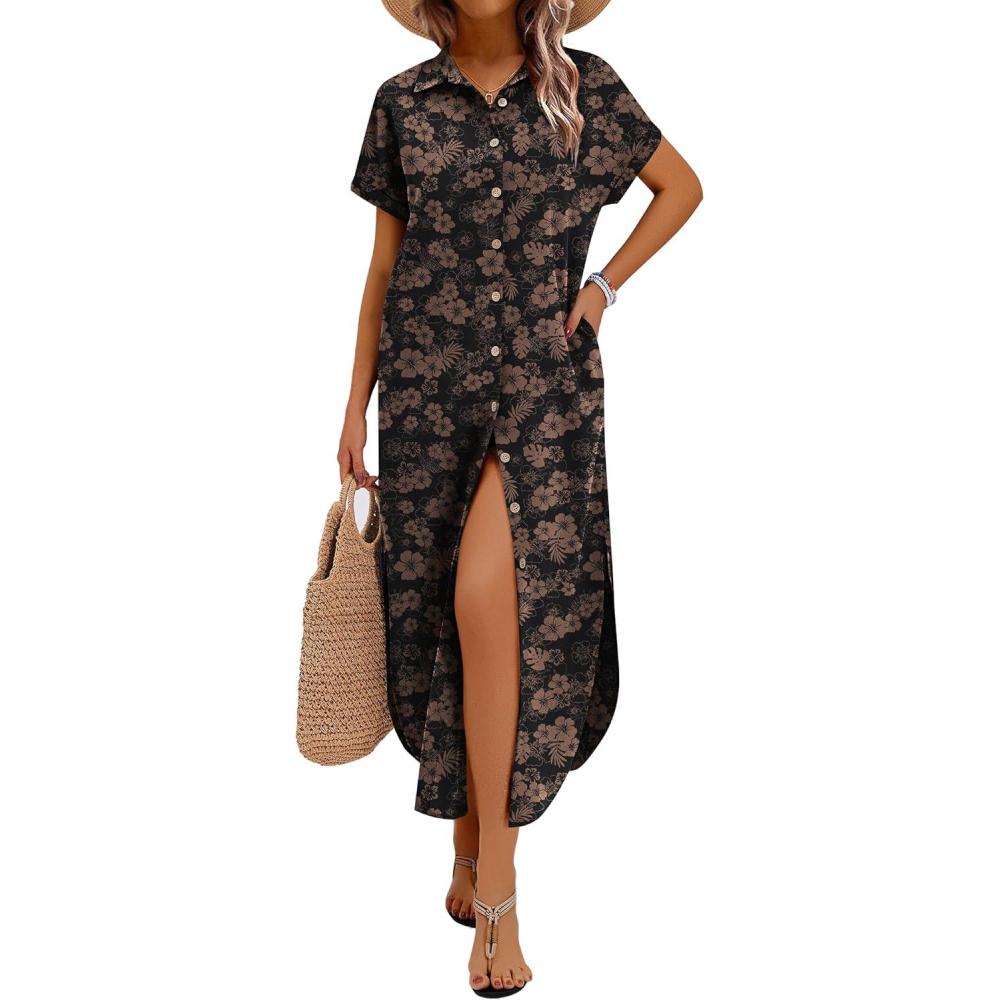 imageZeagoo Womens Summer Casual Short Sleeve Button Down Long Shirt Dresses Loose Swimsuit Beach Cover Ups with PocketsBlack Floral