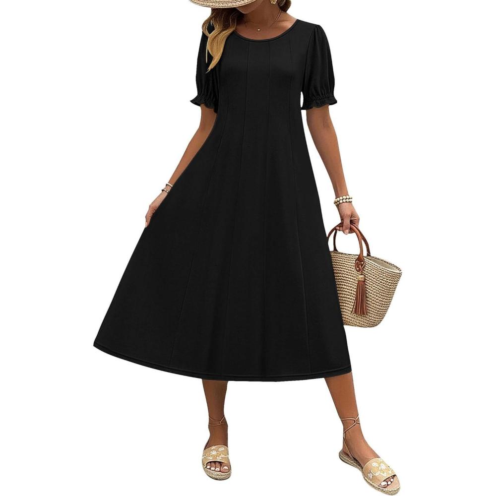 imageZeagoo Womens Summer Dress Casual Midi Dresses 2026 Short Puff Sleeve Flare Dress Pleated Flowy Sundress with PocketsAblack