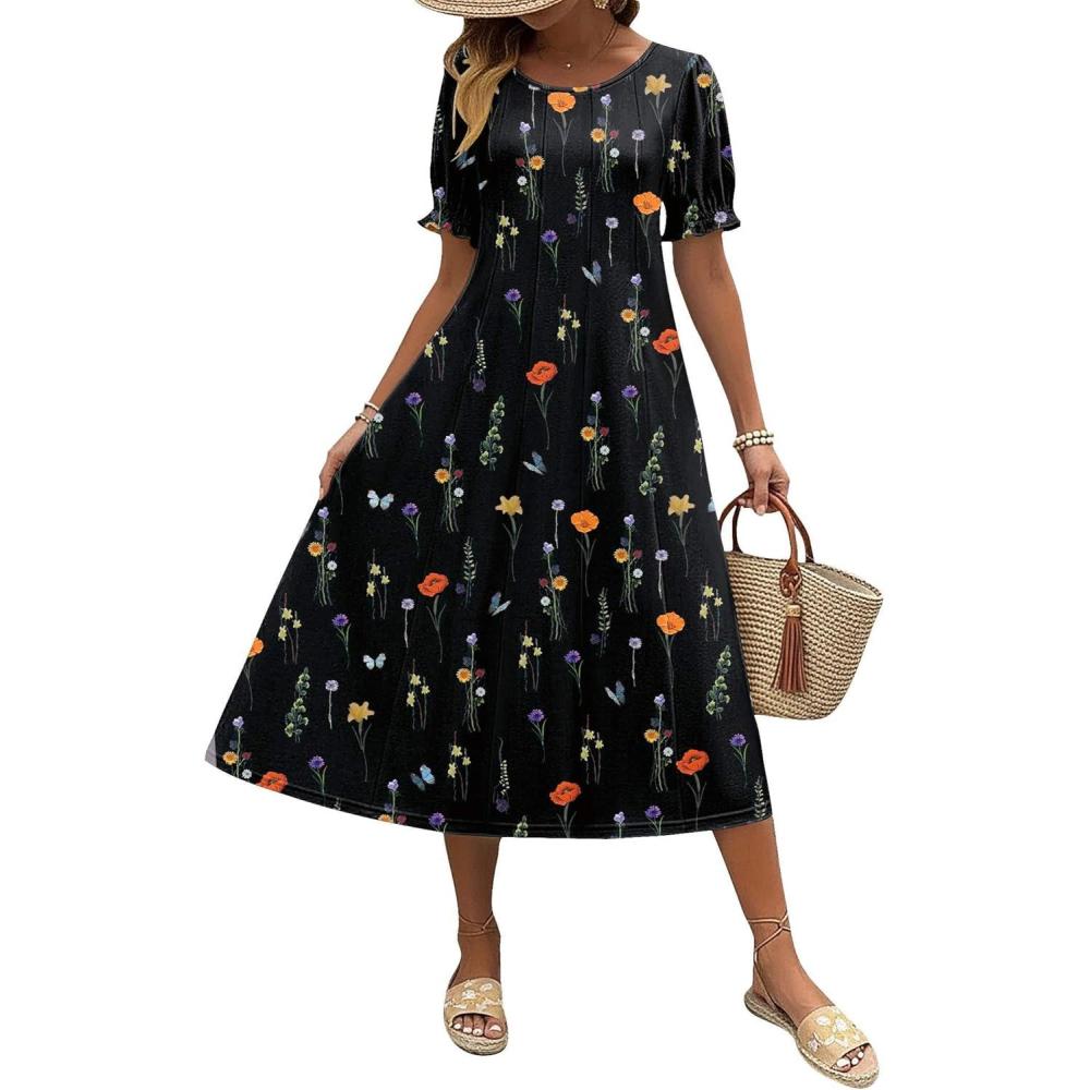 imageZeagoo Womens Summer Dress Casual Midi Dresses 2026 Short Puff Sleeve Flare Dress Pleated Flowy Sundress with PocketsBlack Floral 01