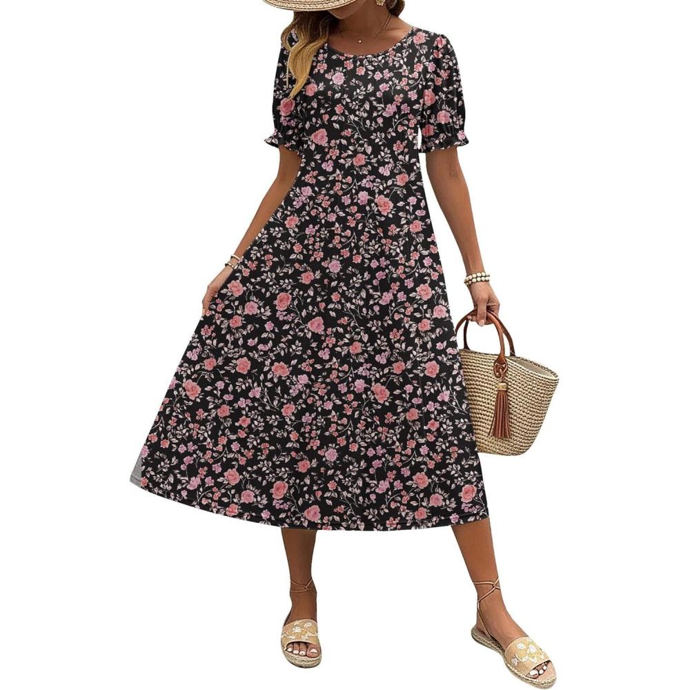 imageZeagoo Womens Summer Dress Casual Midi Dresses 2026 Short Puff Sleeve Flare Dress Pleated Flowy Sundress with PocketsBlack Floral 02