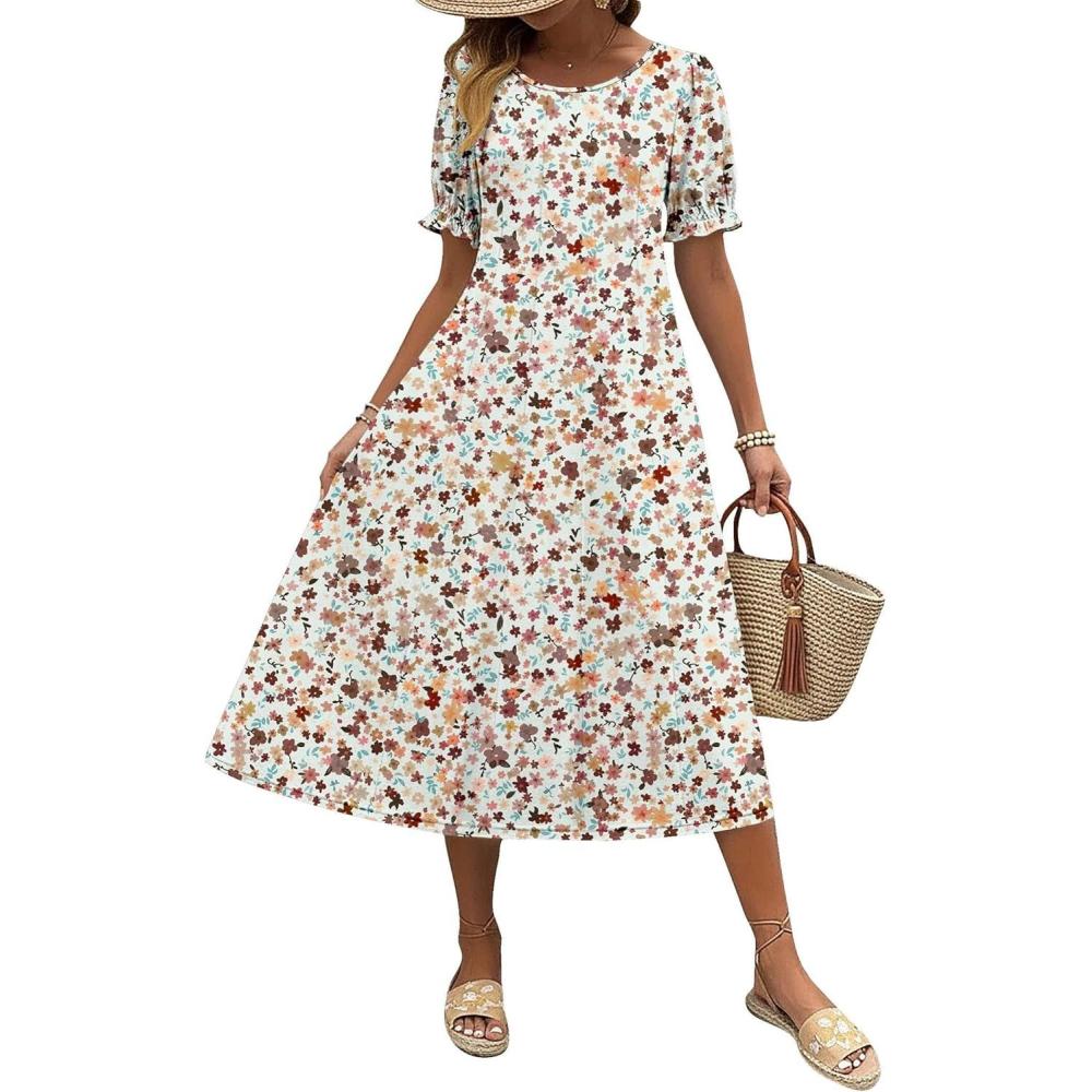imageZeagoo Womens Summer Dress Casual Midi Dresses 2026 Short Puff Sleeve Flare Dress Pleated Flowy Sundress with PocketsMixed Brown Floral