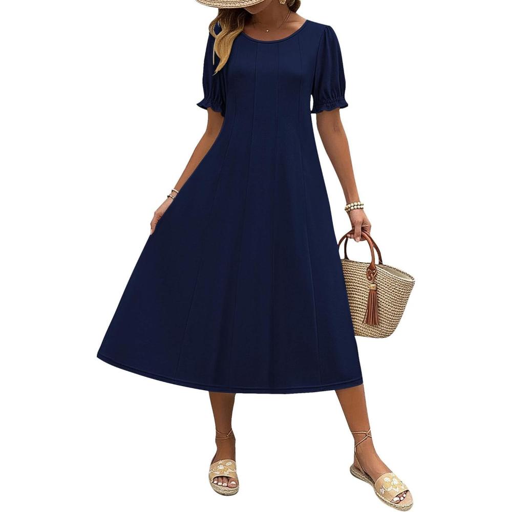 imageZeagoo Womens Summer Dress Casual Midi Dresses 2026 Short Puff Sleeve Flare Dress Pleated Flowy Sundress with PocketsNavy