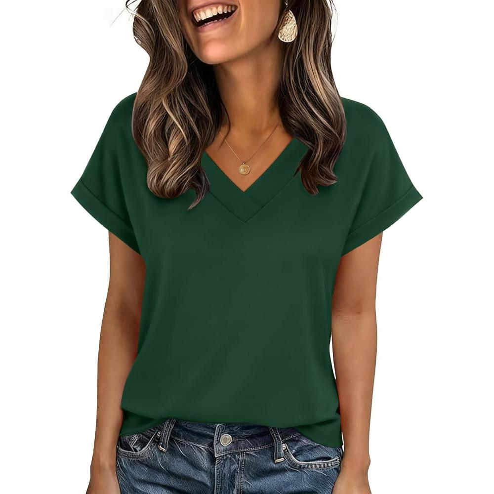 imageZeagoo Womens Summer Tops Rolled Short Sleeve V Neck Shirts Casual Dressy Business Work Blouses Outfits1green