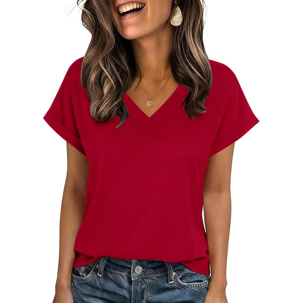 imageZeagoo Womens Summer Tops Rolled Short Sleeve V Neck Shirts Casual Dressy Business Work Blouses Outfits1red