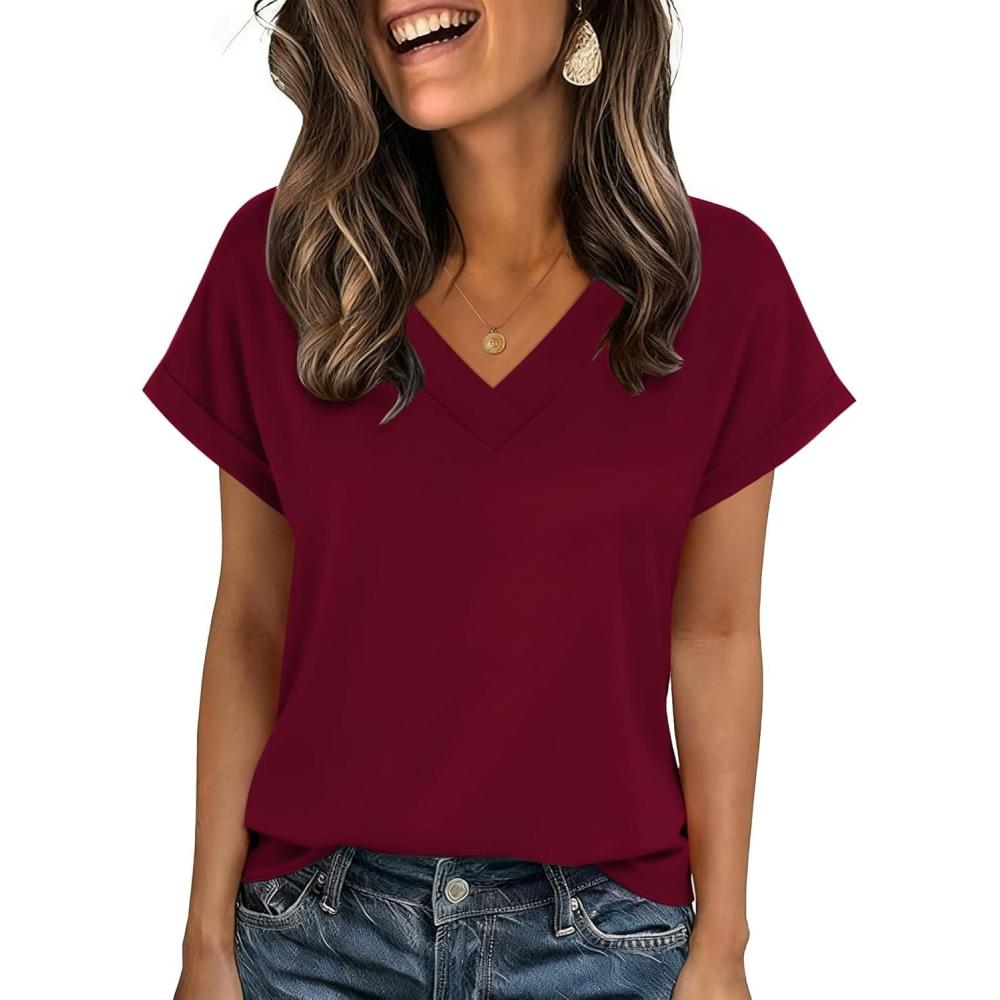 imageZeagoo Womens Summer Tops Rolled Short Sleeve V Neck Shirts Casual Dressy Business Work Blouses Outfits1wine Red2