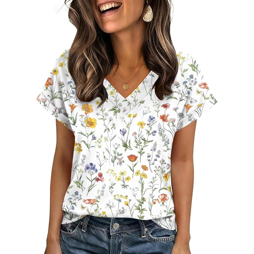 imageZeagoo Womens Summer Tops Rolled Short Sleeve V Neck Shirts Casual Dressy Business Work Blouses OutfitsBeige Flowerxh403