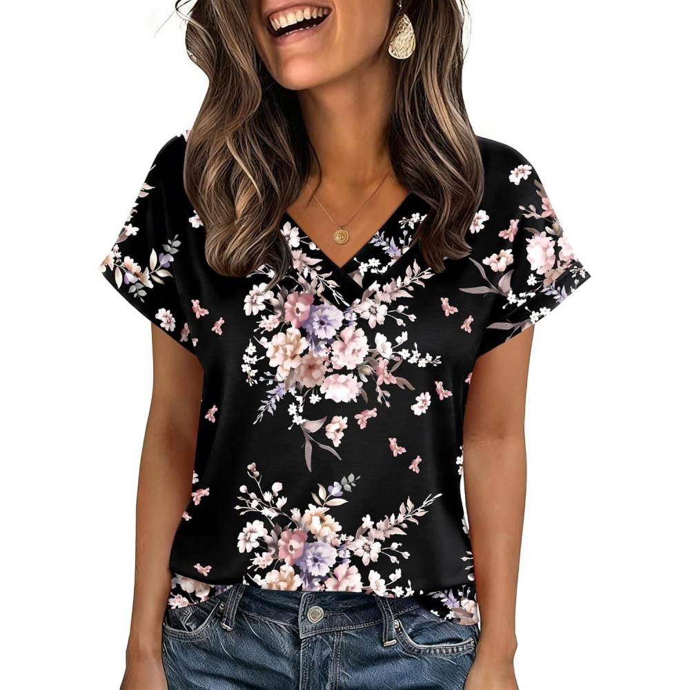 imageZeagoo Womens Summer Tops Rolled Short Sleeve V Neck Shirts Casual Dressy Business Work Blouses OutfitsBlack Flowerbf332
