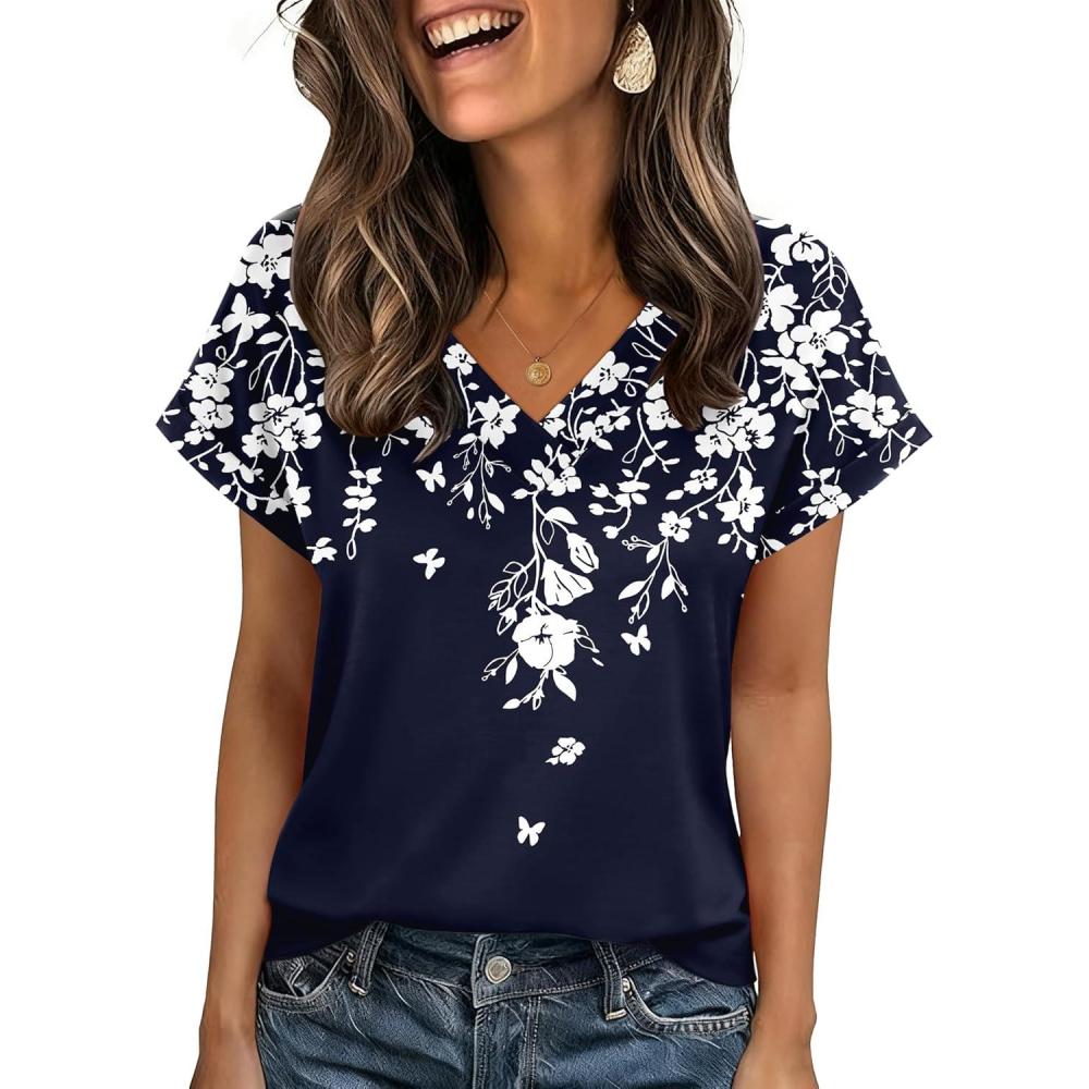 imageZeagoo Womens Summer Tops Rolled Short Sleeve V Neck Shirts Casual Dressy Business Work Blouses OutfitsBlue Flowersf103