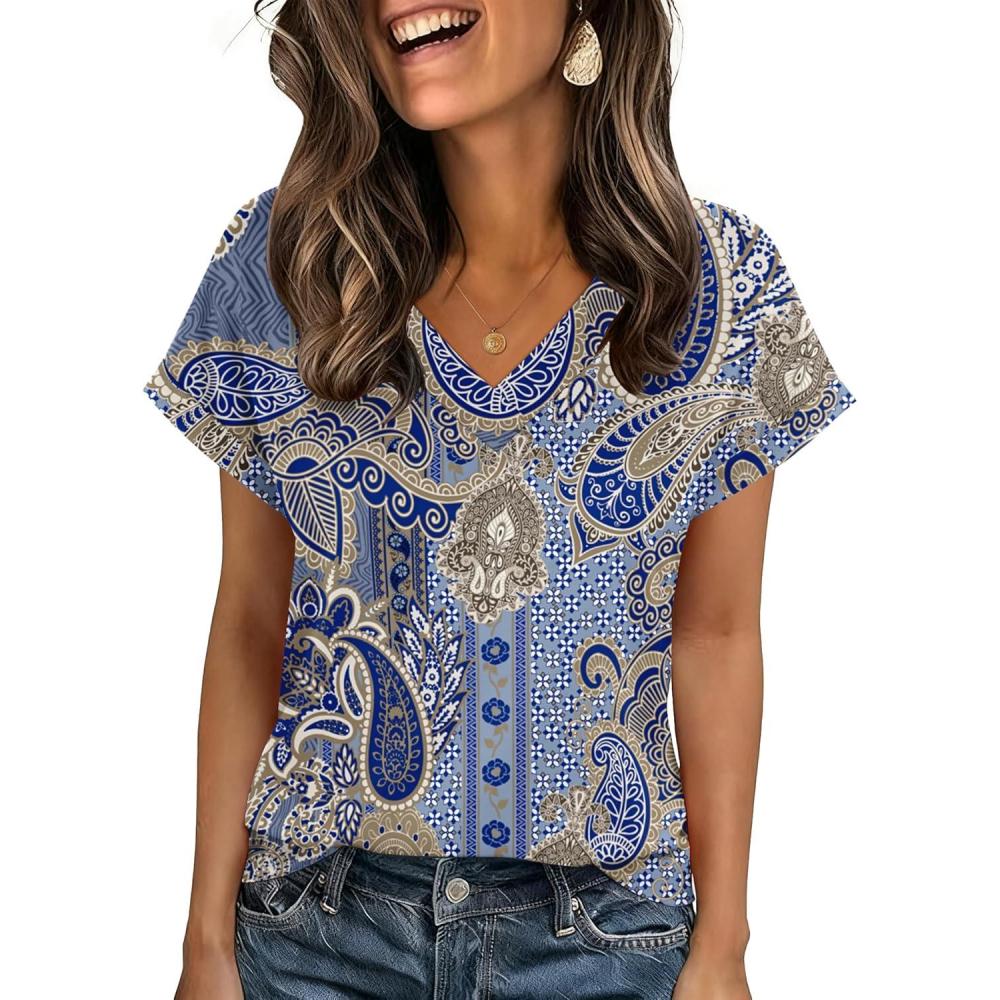imageZeagoo Womens Summer Tops Rolled Short Sleeve V Neck Shirts Casual Dressy Business Work Blouses OutfitsBohomz919