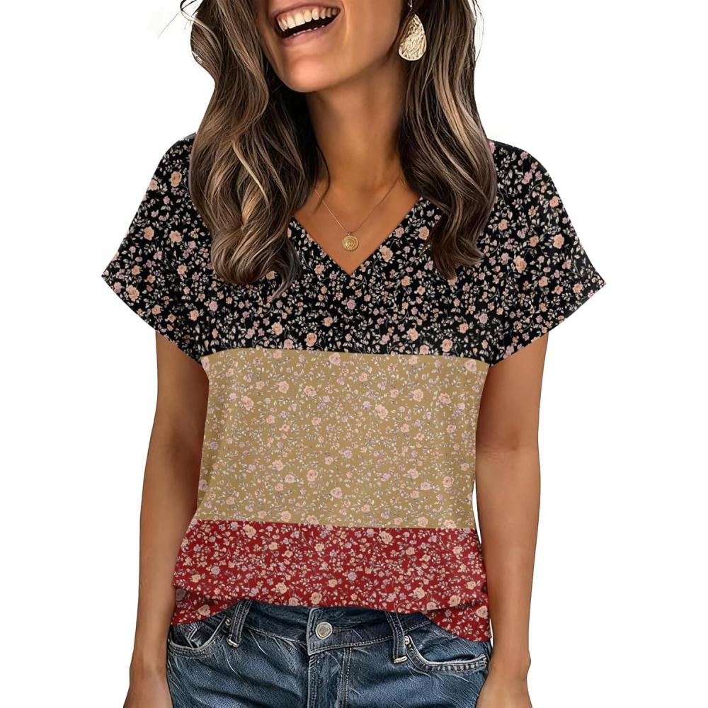 imageZeagoo Womens Summer Tops Rolled Short Sleeve V Neck Shirts Casual Dressy Business Work Blouses OutfitsFlowerxh553